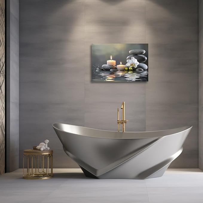 CGXLB Zen Stone Wall Art Candles & Orchid Painting Serene Water Decor for Spa Bathroom Bedroom Meditation Room 16"x24"