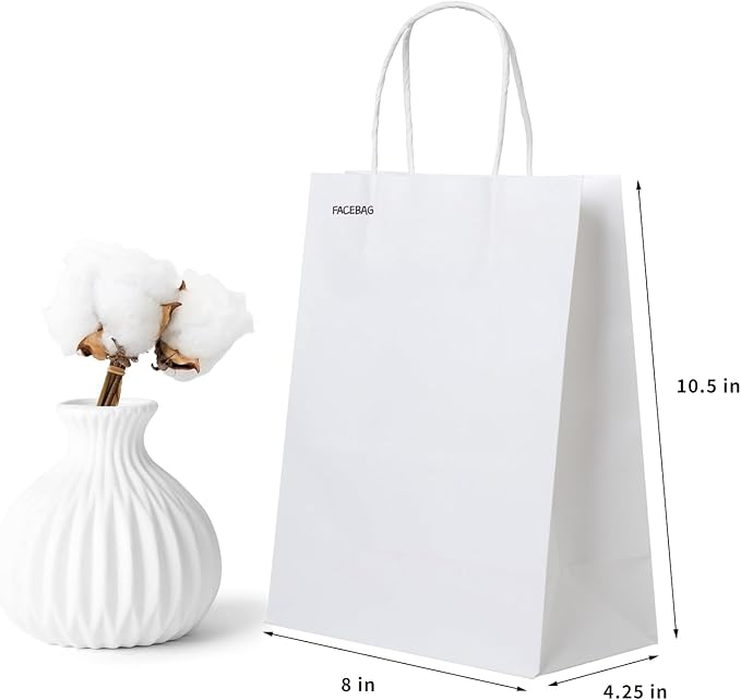 FACEBAG 50 PCS White Paper Bags with Handles Bulk, 8x4.25x10.5 Inches,Medium-sized White Gift Bags with Handles for Party Favors, Take-Out, Grocery Shopping & Retail, Reusable & Durable