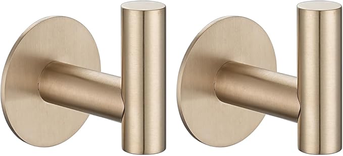JQK Self-Adhesive Towel Hook Champagne Bronze, No Drill Stick-on Coat Robe Clothes Wall Hook for Bathroom, 2 Pack, 304 Stainless Steel, ATH110-CB-P2
