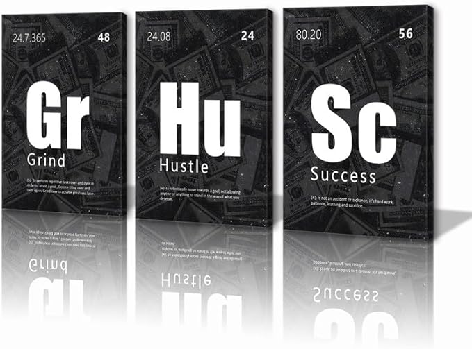 KAWAHONE Motivational Wall Art Success Posters-Grind Hustle Success Inspirational Quotes Canvas Prints for Office, Home Office, Living Room