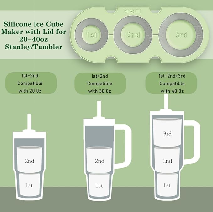 Ice Mold for Stanley Cup 30/40 Oz - Easy Fill and Release Without Touching Ice, Silicone Ice Cube Tray with Clear Lid and Bin for Freezer, Whiskey, Cocktail (Green)