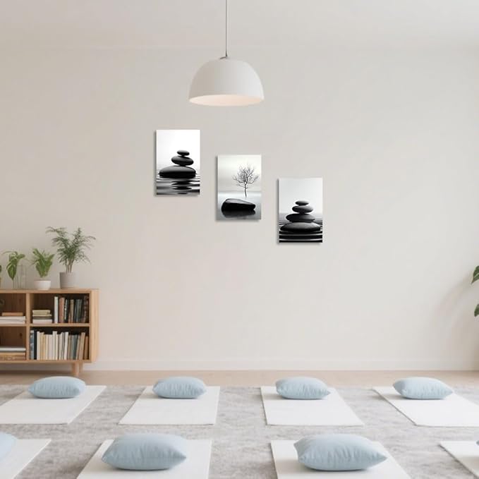 CCWORKERRY 3PCS Zen Stones Canvas Wall Art Black and White Zen Stone Painting Calming Meditation Wall Decor for Yoga Studio Office Spa Bathroom (white,24W x36L x3)