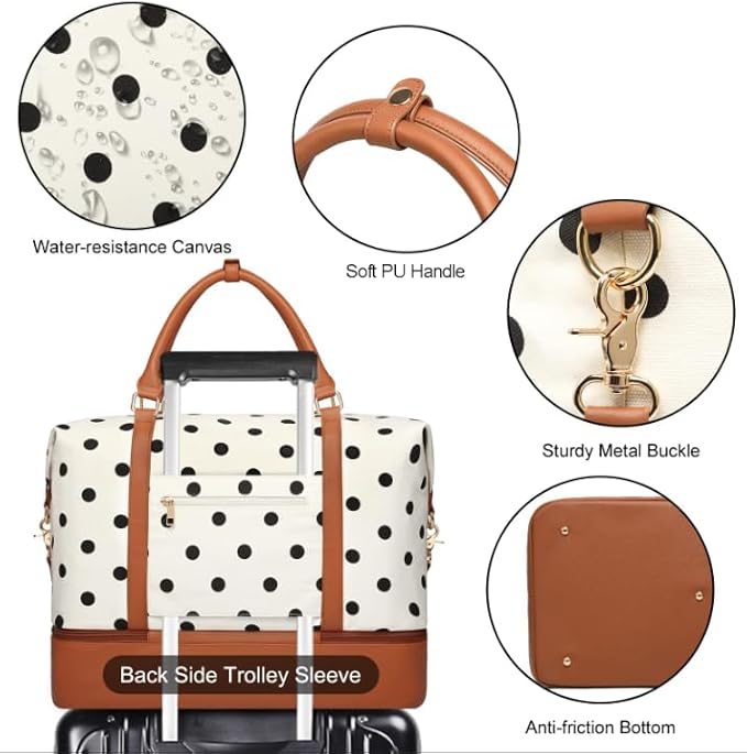 3Pcs Set Polka Dots Weekender Bags for Women Canvas Carry On Overnight Bag Travel Duffle Tote Bag for with Shoes Compartment, Brown