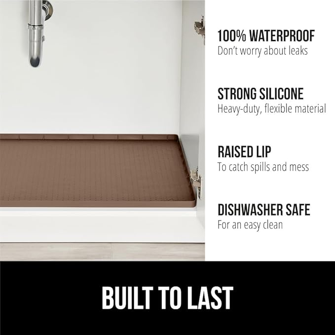 GORILLA GRIP Waterproof Silicone Under Sink Mat with Raised Lip for Kitchen and Bathroom, 34 x 22 in, Cabinet Shelf Liner Stay in Place Mats Dishwasher Safe Drawer Liner, Organizer Tray, Coffee