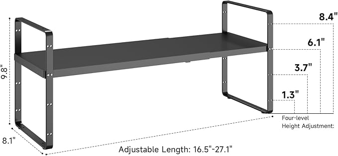 taiheis 16.5~27.1" Expandable Shelf Organizer, 1Pack 8.1" Wide Stackable Cabinet Shelf Organizers, Black Metal Sturdy Kitchen Counter Storage for Countertop, Adjustable Height Spice Rack