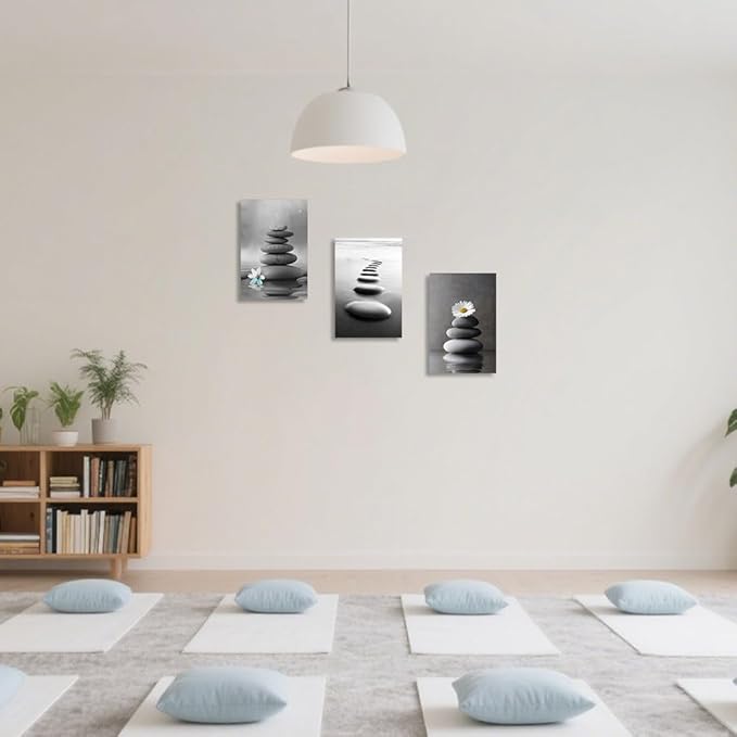 CCWORKERRY 3PCS Zen Stones Canvas Wall Art Black and White Zen Stone Painting Calming Meditation Wall Decor for Yoga Studio Office Spa Bathroom (gray,16W x24L x3)