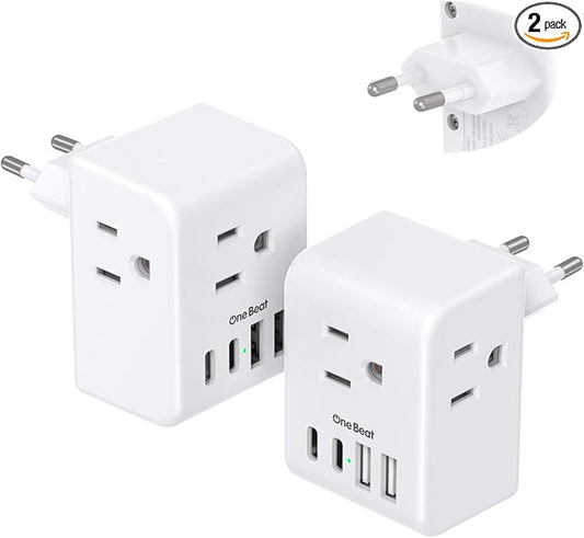 2 Pack European Travel Plug Adapter, International Power Plug Adapter with 3 Outlets 4 USB Charging Ports(2 USB C), Type C Plug Adapter Travel Essentials to Most Europe EU Spain Italy France Germany