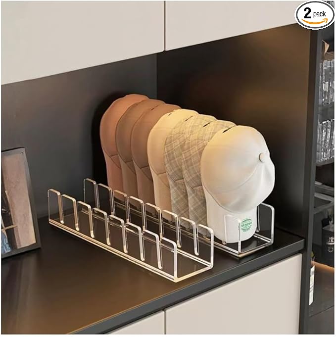 Acrylic Baseball Cap Organizer Rack 2-Pack - Holds 14 Hats, No Install Space Saving Display Stand for Closet, Bedroom, Entryway (Clear)