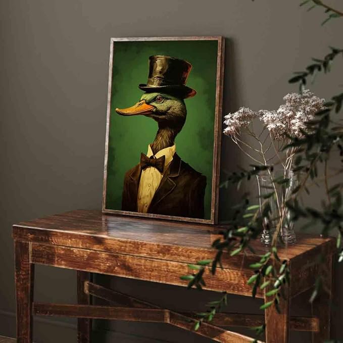 Mostemauo Vintage Duck Canvas Wall Art Funny Duck Picture Vintage Mallard Artwork Green Animal Wall Art Antique Animal Portrait Painting Antique Prints Abstract Living Room Decor 16x24inch No Frame