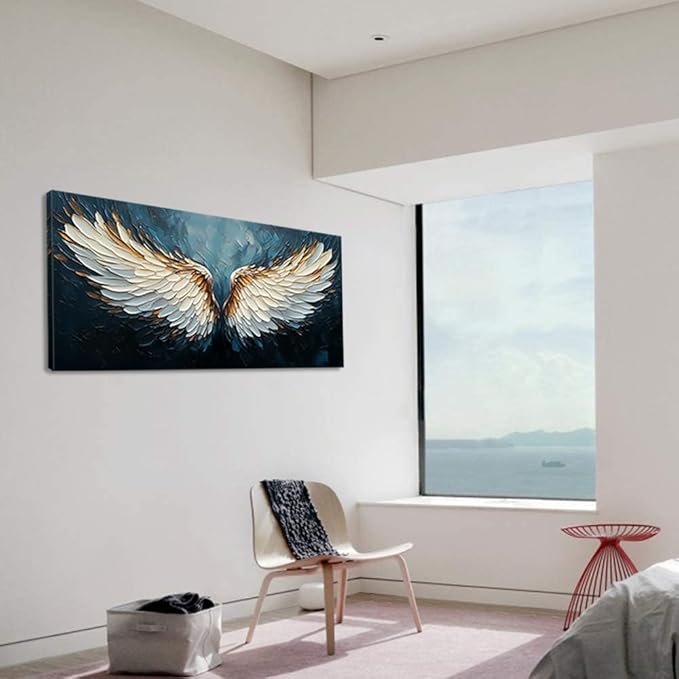 ZESTRILIA Angel Wings Wall Art Blue Oil Painting Reproduction Print Modern Abstract Canvas Paintings Waterproof Artwork Picture for Living Room Bedroom Home Office Kitchen Décor (28x58inch)