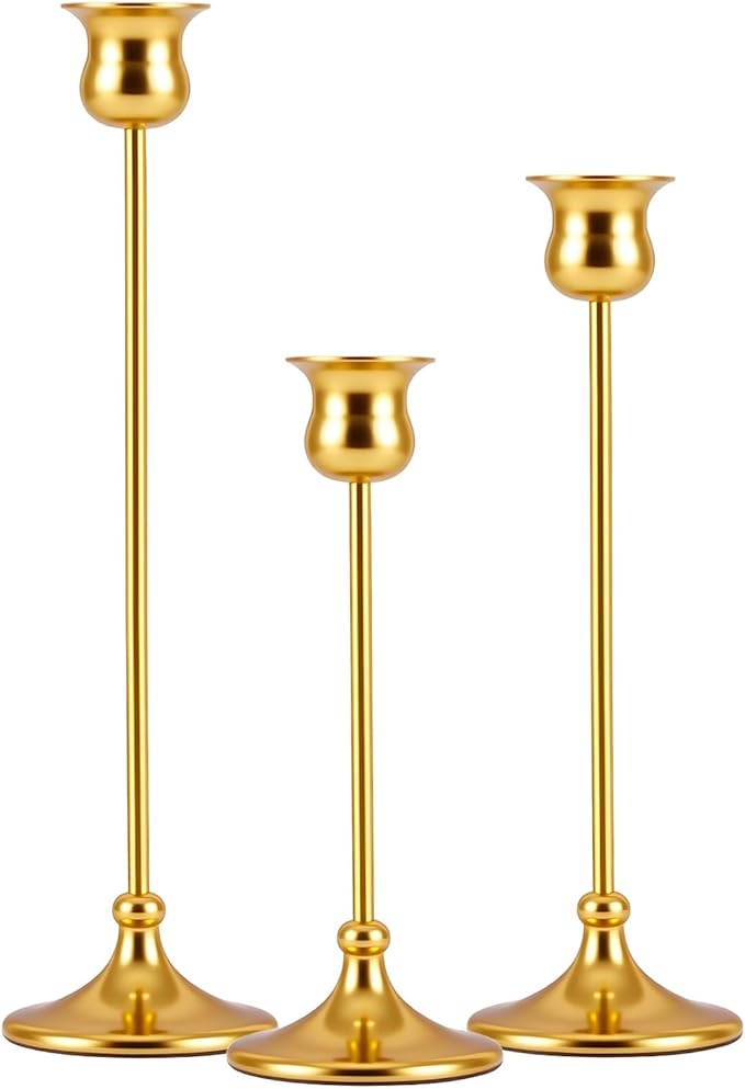 Metal Candle Holder Taper Candlestick Holders for Candle Sticks Vintage Candelabra for Halloween Thanksgiving Christmas (Gold, 1 Set (3 pcs))