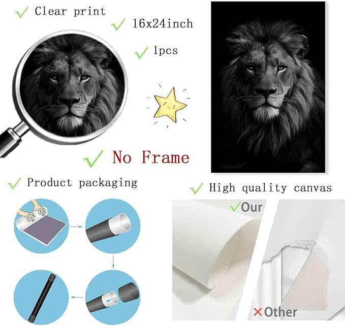 Black And White Wild Animal Pictures African Painting Lion Head Painting Wild Animal Posters Animals Portrait poster Black And White Lion Canvas Wall Art Modern Abstract Room Decor 16x24inch No Frame