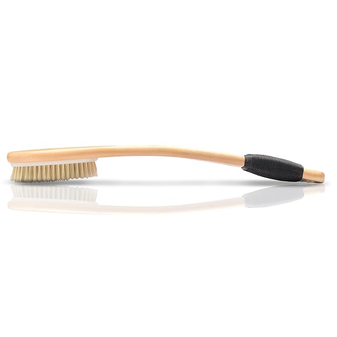 OWIIZI Bath Brush with Cellulite Massagers, Wooden Curved Long Handle Antiskid Dry Brushing Body Brush for Exfoliating, Natural Bristle Back Scrubber for Shower Use Wet or Dry for Men Women Elders