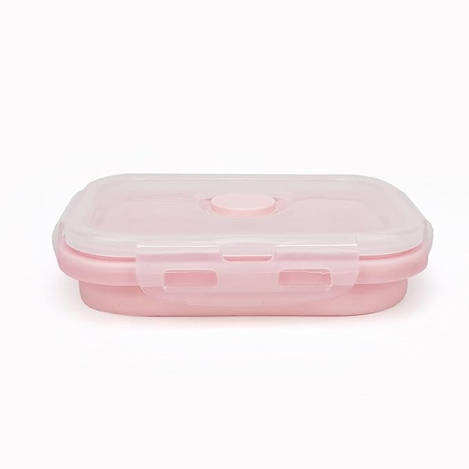 CCyanzi 3-piece Collapsible Food Storage Containers with Lids, Silicone Lunch Container, Microwave & Freezer Safe, Space-Saving for Kitchen Cabinet and Camping Backpack (Pink)