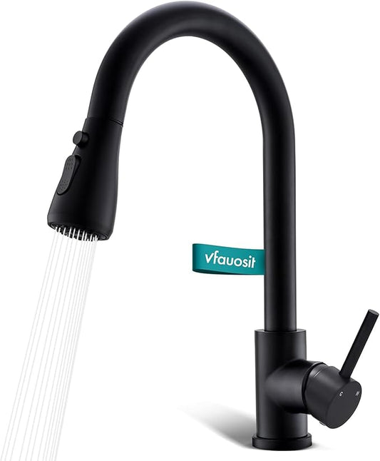 Black Kitchen Faucet with Pull Down Sprayer for RV Sink, VFAUOSIT Kitchen Sink Faucet Stainless Steel Laundry Single Handle Pull Out Kitchen Faucets Matte Black, Grifo para Fregaderos de Cocina