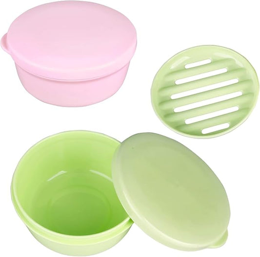 Plastic Soap Container, Soap Bar Holder Travel Case Portable Round Soap Dishes with Lid Leak-Proof Soap Box for Shampoo Bar (Pink & Green)