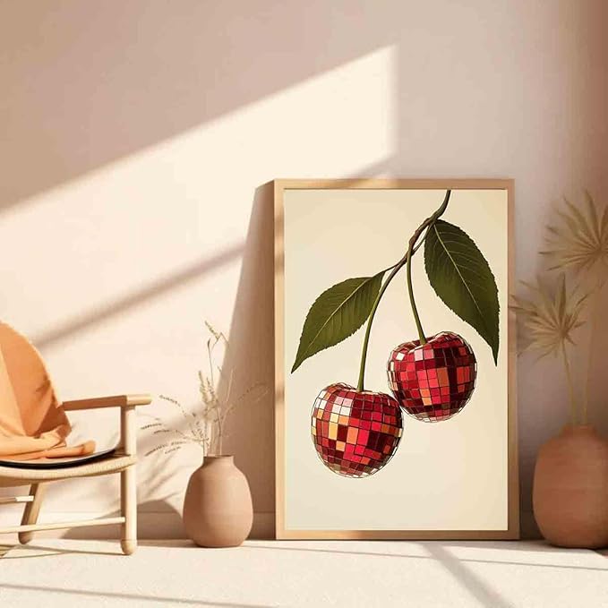 Disco Cherry Wall Art Disco Ball Picture Cherry Preppy Print Trendy Aesthetic Wall Art Preppy Aesthetic Pictures Red Picture Ball Funny Poster Dorm Girls Room Party Theme Bar Decor 16x24inch No Frame