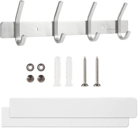 Coat Rack Wall Mounted,Stainless Steel Silver Towel Racks with 4 Hooks for Bathroom Kitchen Bedroom Door