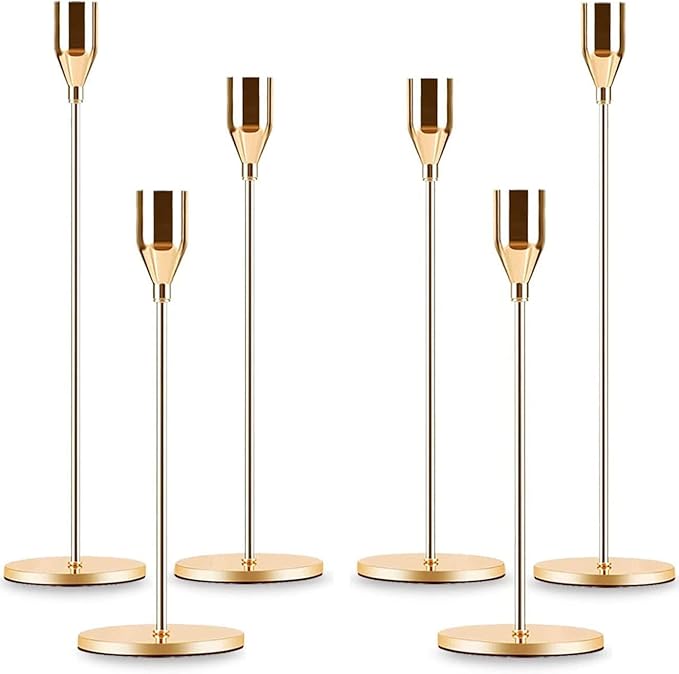 Gold Taper Candle Holder Set of 6, Brass Gold Tall Candlestick Holders, Metal Vintage Candle Stickers Long Holder Set, Pillar Decorative Candle Holder Fits 3/4 Inch Candle