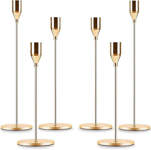 Gold Taper Candle Holder Set of 6, Brass Gold Tall Candlestick Holders, Metal Vintage Candle Stickers Long Holder Set, Pillar Decorative Candle Holder Fits 3/4 Inch Candle