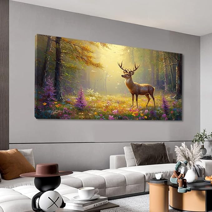 ZESTRILIA Pretty Deer Forest Wall Art for Living Room Office Gold Mustard Yellow Wildlife Wildflower Canvas Painting Prints Spring Wild Life Artwork Girls Bedroom Decor Extra Large (58x28 Inches)