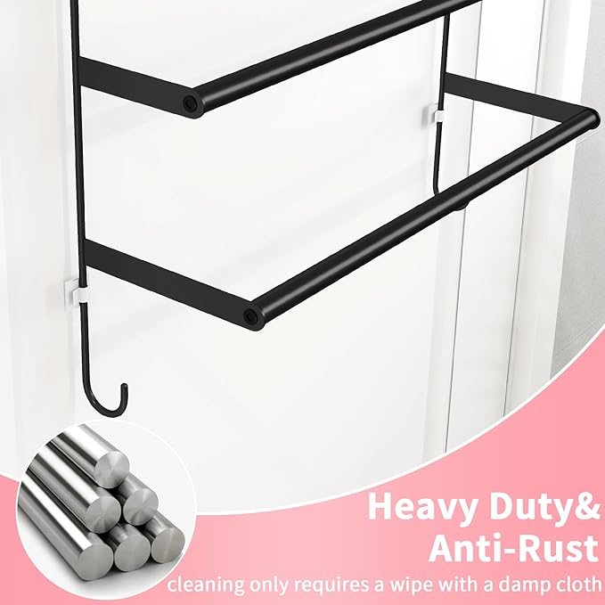 Over The Door Towel Rack, Towel Rack with Hooks for Door Hanging, Door Towel Bar, Over Door Towel Racks for Bathroom (Black)