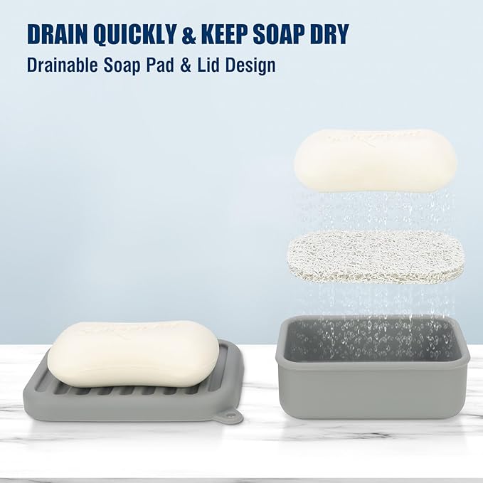 Leak-Proof Silicone Travel Soap Case with Drainage Lid/Layer, Compact Bar Soap Container, Durable Soap Holder for Camping, Gym, and Travel Size Toiletries (Gray)
