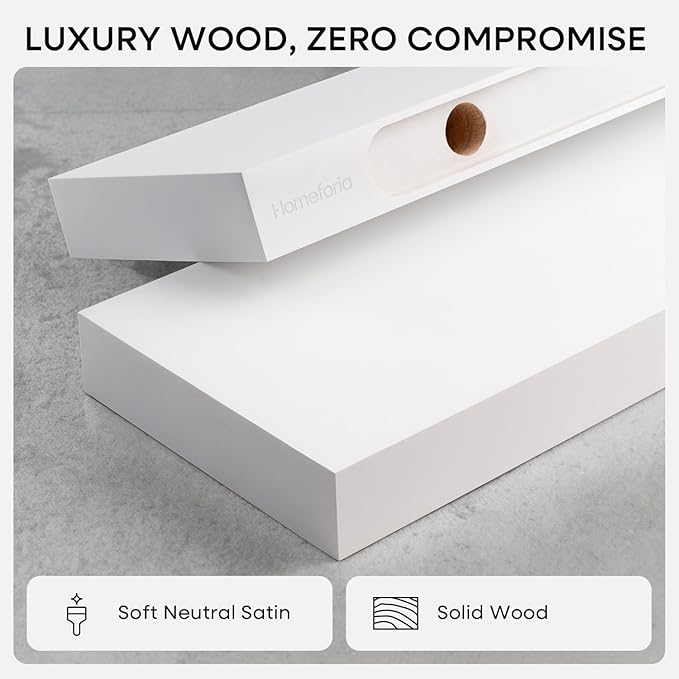 Homeforia White Floating Shelves 16 inch, High End Solid Real Wood 16inch Bathroom Floating Shelf for Wall Mounted, White Wooden 16 Floating Shelves, Heavy Duty Bracket, 16 X 6.5 X 1.75 inch, Set of 2