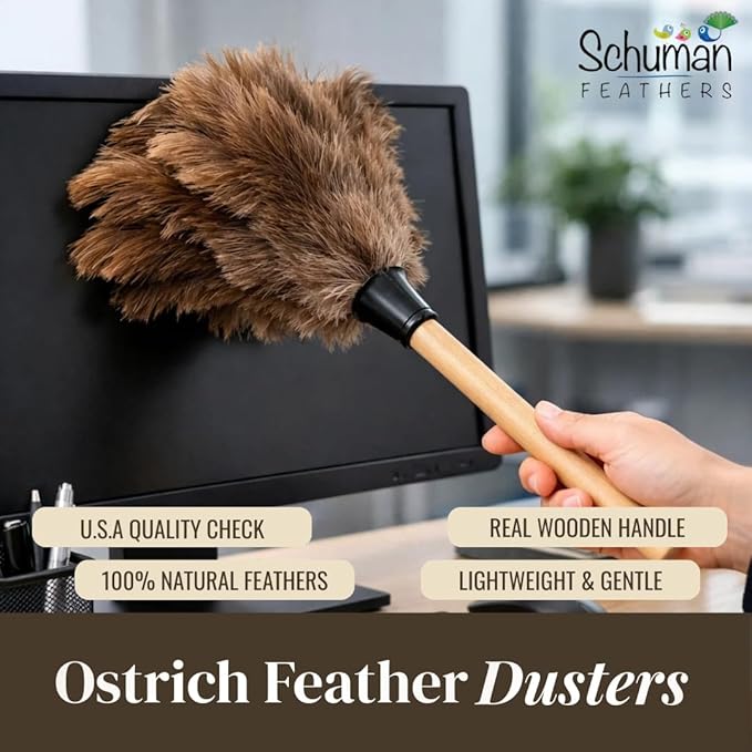 Ostrich Feather Duster with Wooden Handle 14" – Natural Reusable Feather Duster for Cleaning, Furniture & Shelves, Blinds, Ceiling Fan, Dusting Tool for Home, Office, Delicate Surfaces - 1 Pack