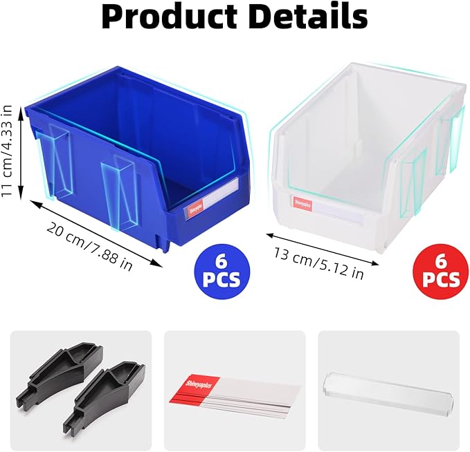 Shineyaplus Stackable Storage Bins 12 Pack (7x5x4 Inch), Plastic Stackable Storage Organizer Bins Wall Mounted Hanging Small Parts Bin for Garage, Workbench & Office (Blue & White)