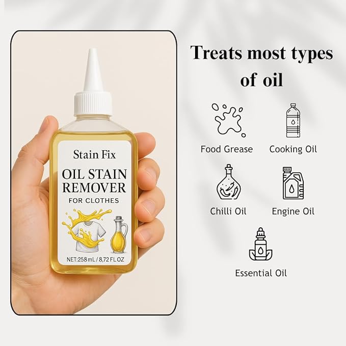 Oil Stain Remover for Clothes (8.72oz) - Fabric Stain Remover For Cooking, Engine, Dried Oil And Grease Stains - Safe for All Fabric Types