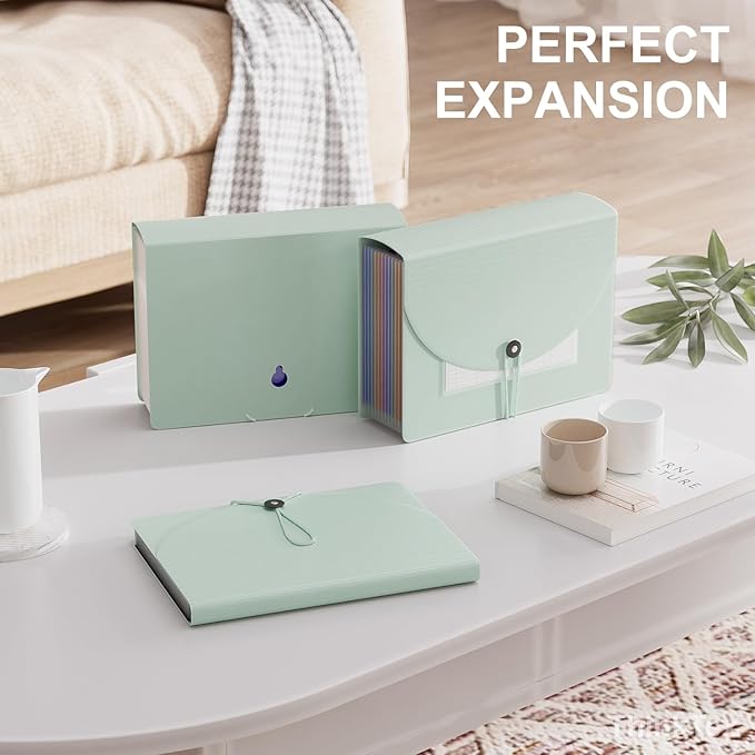 ThinkTex Accordion File Organizer, 12 - Pocket Expanding File Folders for Paper Receipts, Bills & Taxes Organizer, Letter/A4 Size Document Holder for School, Office, Home with tabs-Sage Green