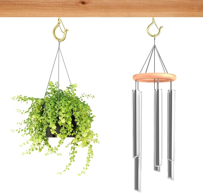 100 Pack Screw-in Hooks for Outdoor String Lights, Q Hanger Hooks for Outside, Swivel Hanging Basket Patio Hook with Safe Buckle, Plant Eye Hook for Wall Ceiling with 1 Wing Nut Driver, Gold