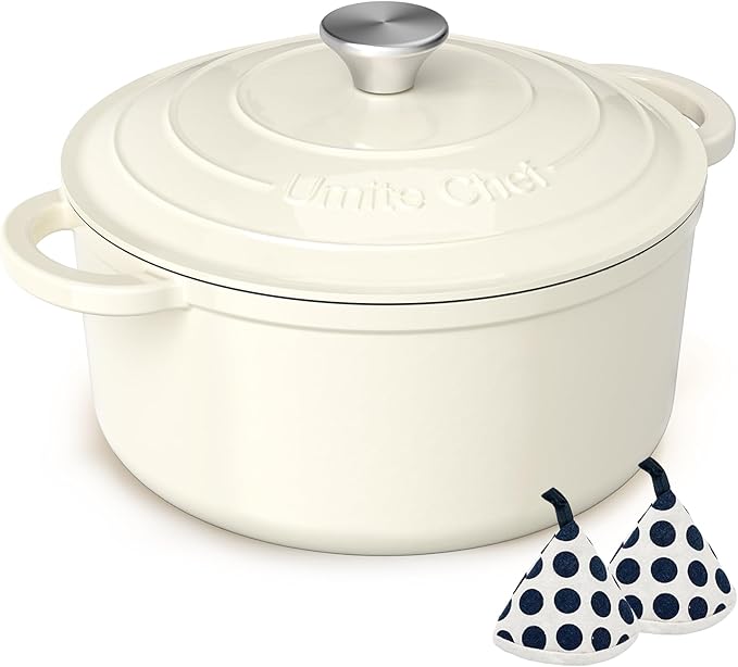Umite Chef Enameled Cast Iron Dutch Oven-7QT Pot with Lid Cookbook & Cotton, Heavy-Duty Cookware for for Bread Baking, Braising, Stews, Marinate, Cook(Cream White)
