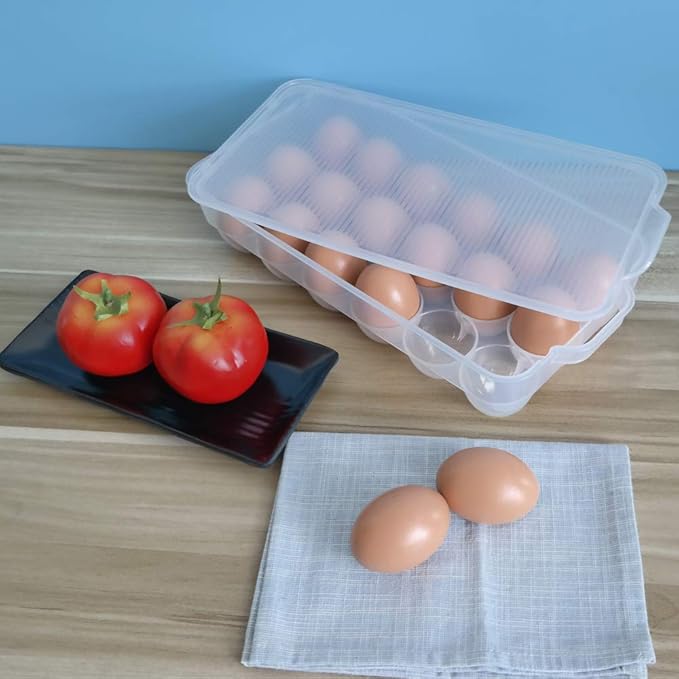 Teyyvn 2-Pack Clear Refrigerator Plastic Egg Holder Storage Bin with Lid, Stores 18 Eggs, F