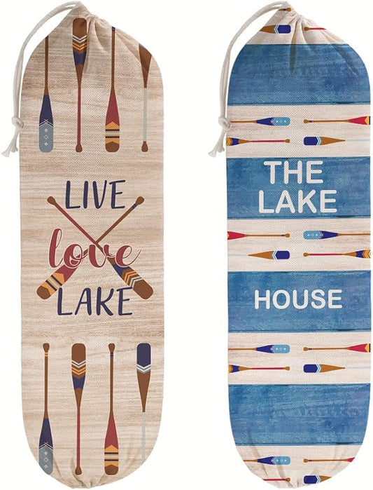 2Pcs Lake House Plastic Bag Holder for Kitchen Essentials, Reusable Hanging Grocery Bag Organizer, Washable Large Grocery Trash Bags Storage Dispenser Lake House Decor for the Home