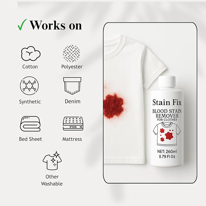 Blood Stain Remover for Clothes (8.79oz) - Removes Blood & Period Stains from Clothes, Mattress & Sheets - Enzyme Formula for Fresh & Dried Stains