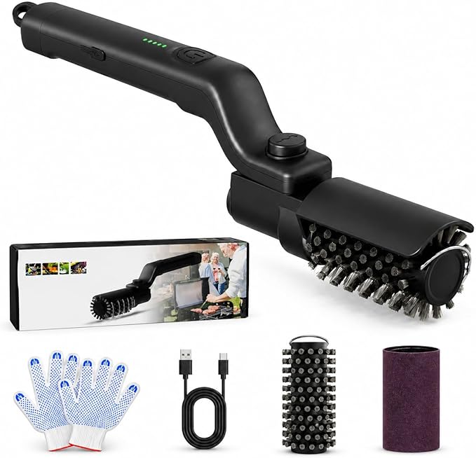 Vahrelo Grillmaster Pro Electric Grill Brush for Outdoor Grill, Cordless Rotary Cleaning Brush with Detachable Heads, Protective Cover, Type C Rechargeable BBQ Tool for Summer Cookouts