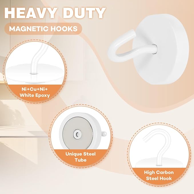 Neosmuk Magnetic Hooks, Cruise Ship Essentials, 120lb+ Heavy Duty Magnetic Hooks for Cruise Cabins, Refrigerator, Grill, Hanging, and Travel | Extra Strong Must-Haves Magnet Hook,White,Pack of 20