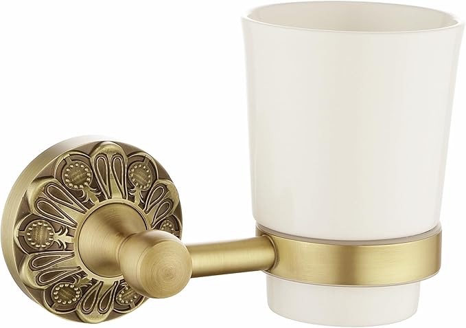 Antique Brass Toothbrush Holder, Wall Mounted Bathroom Tumbler Cup Set, Vintage Gold Decorative Bathroom Accessories, Ceramic and Brass, Petal-Relief Series