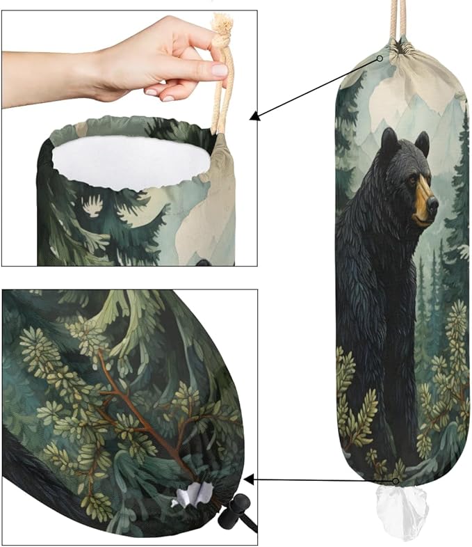 Sabokido Forest Bear Plastic Bag Holder Green Tree Grocery Bag Storage Dispenser Washable Hanging Shopping Bags Carrier Reusable Wall Mount Trash Bag Organizer for Kitchen Pantry
