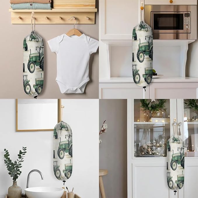 Sabokido Vintage Truck Plastic Bag Holder Green Farm Car Tractor Grocery Bag Storage Dispenser Washable Hanging Shopping Bags Carrier Reusable Wall Mount Trash Bag Organizer for Kitchen Pantry