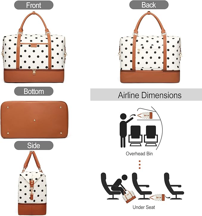 3Pcs Set Polka Dots Weekender Bags for Women Canvas Carry On Overnight Bag Travel Duffle Tote Bag for with Shoes Compartment, Brown
