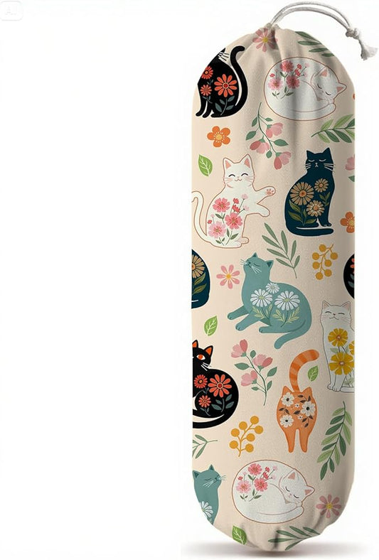 Plastic Bag Holder, Grocery Bag Organizer Storage, Kitchen Dispenser Holders Reusable Shopping with Adjustment Drawstring Closure for Kitchen Farmhouse Decor, Colorful Cat