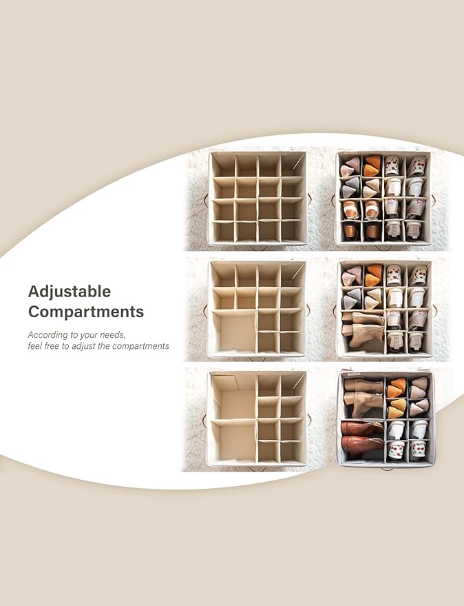 StorageWorks Shoe Organizer for Closet, Fits up to 16 Pairs, Shoe Cubby Storage Containers with Adjustable Dividers and Clear Cover, Beige