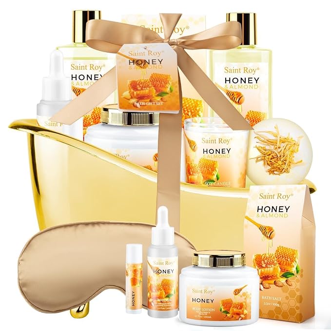 Christmas Gifts for Women Bath & Body Gift Set, Luxury Home Spa Bath Gift Basket, Honey Almond Scented Bath Set, Pamper Gifts Birthday gifts & Teens, Spa Kit Gift, Home Spa Gifts for Men Dad