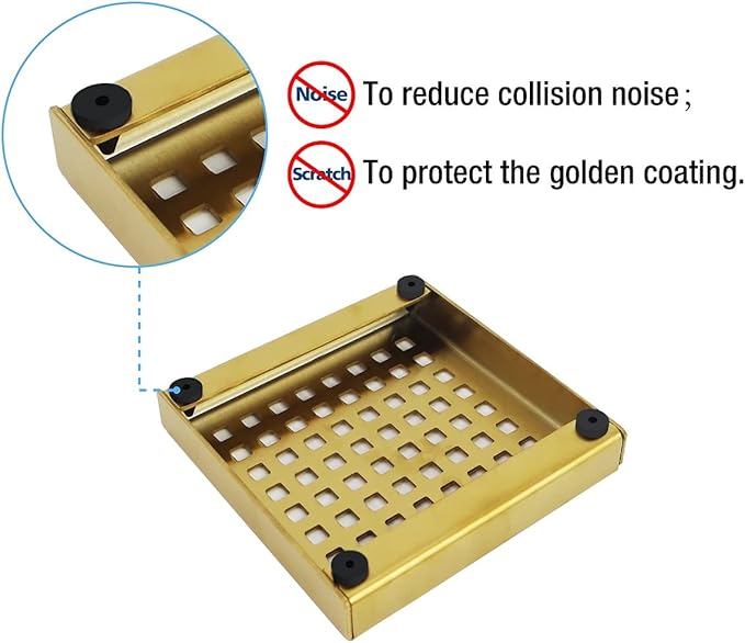 Neodrain 4 in Brushed Gold Square Shower Drain with Removable Quadrato Pattern Grate, PVC Shower Drain Base and Rubber Gasket, Golden 4" Shower Drainage,CUPC Certified, Hair Strainer