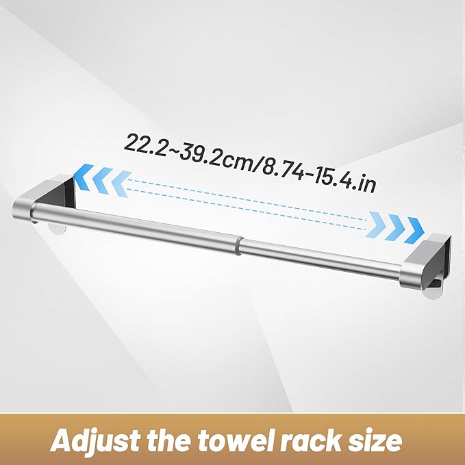 VEHHE Kitchen Towel Holder, Hand Screwed Telescopic Kitchen Towel Rack, Stainless Steel Adjustable Length and Width Over The Cabinet Door Towel Rack with EVA Foam Pad (Silver)