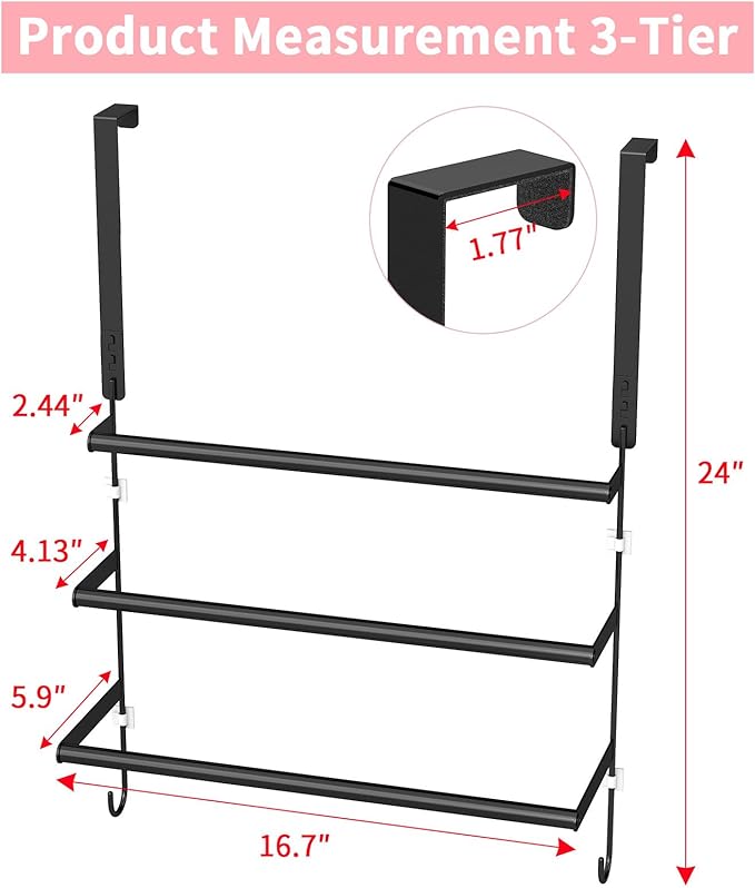 Over The Door Towel Rack, Towel Rack with Hooks for Door Hanging, Door Towel Bar, Over Door Towel Racks for Bathroom (Black)