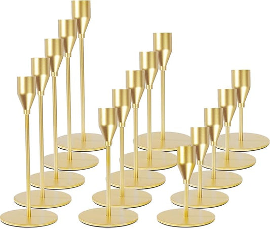 Matte Gold Candle Holders Bulk Painted Gold Metal Candlesticks Fit 0.8 Inch Taper Candles Decorative Metal Candelabra for Wedding Home Holiday Anniversary Party Dinning Table Decors (Set of 15)